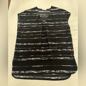 Vince Black & White Stripe Silk V-Neck Cap Sleeve Tunic Blouse S Modern